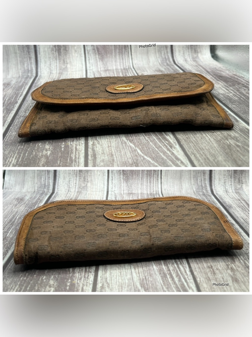 GUCCI VTG 80s Micro GG Supreme Clutch Bag Kiss Lock Leather & Canvas Tan Beige - Picture 9 of 16